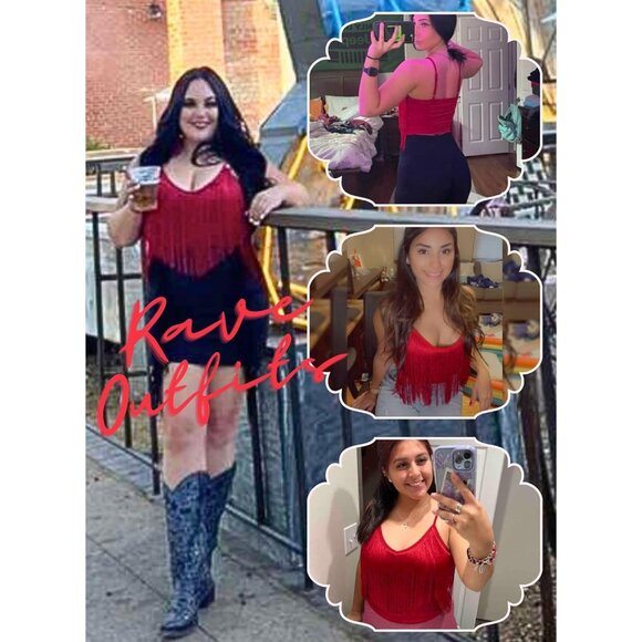 Women's Red Fringe Tank Top Western Festival Clothing Cowgirl V Neck Outfits - Picture 5 of 6